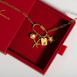 Gold paperclip carabiner necklace with customizable charms, including a pearl shell, starfish, initial tag with 'D,' and turtle charm, displayed in a red gift box. A unique, personalized accessory.