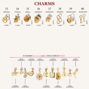 May include: A collection of metal charms labeled 33 through 40, including pretzel, turtle, shell, abstract, elephant, infinity, heart lock, and heart key shapes with imperial measurements. Below, various gold charms feature custom engravings.