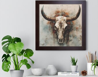 Framed Rustic Bull Skull Wall Decor | 16" x 16" Wall Art | Rustic Skull Wall Art