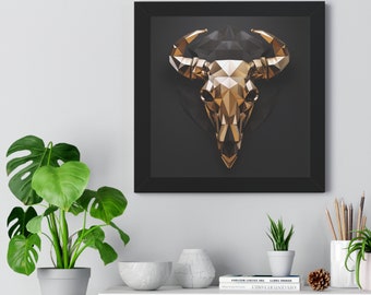 Framed Bull Skull Wall Decor | 16" x 16" Wall Art | Modern Skull Wall Art | Gold Bull Skull | Cow Skull Art