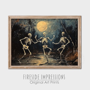 May include: Three skeletons dance in a moonlit forest. The skeletons are painted in gold and black, and the forest is painted in shades of blue and green. The moon is a bright yellow circle in the sky.