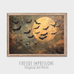 Impresión artística vintage de Halloween con murciélagos espeluznantes y luna llena (descarga digital)
