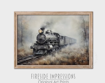 May include: A framed painting of a vintage steam train traveling through a foggy forest. The train is black and gray with a plume of smoke rising from its chimney. The forest is painted in shades of brown, green, and gray.