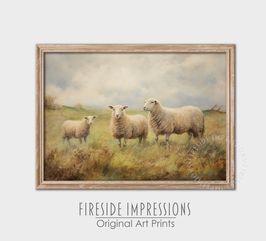 Vintage Sheep Oil Painting Print: Neutral Farmhouse Wall Art (digital ...