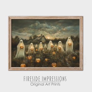 May include: A painting of a group of ghosts carrying jack-o'-lanterns in a field at dusk. The ghosts are white and translucent, and the jack-o'-lanterns are glowing orange. There is a small house in the background.