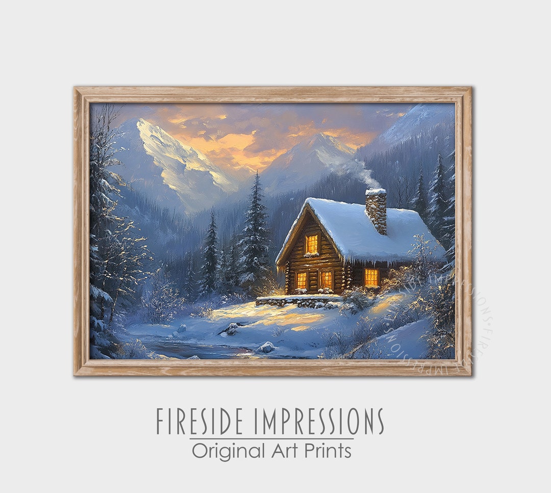 Classic Oil Painting Digital Art Mountain Forest Winter Cabin Vintage ...