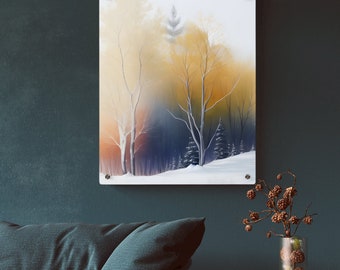 Das blau-goldene Winterglas Poster Premium Acrylglas Kunst Tafel mit einem abstrakten farbenfrohen und dennoch dezenten Natur Print Wanddekor Geschenkidee