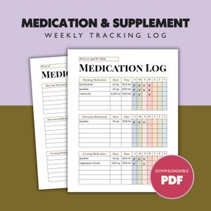 Puede incluir: Un registro semanal imprimible de seguimiento de medicamentos y suplementos. El registro incluye secciones para medicamentos de la mañana, la tarde y la noche, con espacio para registrar la dosis, la hora y los días de la semana. La imagen también incluye un gráfico "PDF descargable".