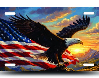 Patriotic Eagle US Flag License Plate, Sunset Mountain Vanity Tag, Aluminum Auto Decor