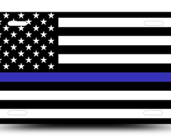 Thin Blue Line American Flag Vanity Plate, Aluminum Law Enforcement Decor
