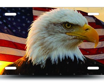 Bald Eagle License Plate, Patriotic Flag Vanity Tag, USA Pride Vehicle Accessory, Freedom Front Auto Decor, American Novelty Gift