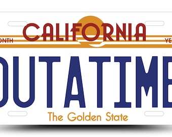 California Outatime Vanity Plate, Retro 80s Movie Replica, Aluminum Garage Wall Art