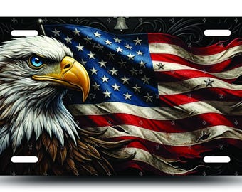 Proud Eagle American Flag License Plate, Aluminum Vanity Tag, Vehicle Accessory