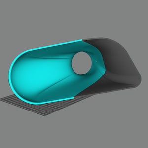 Może przedstawiać: Trójwymiarowy model zakrzywionego, pustego obiektu z okrągłym otworem. Obiekt jest w połowie czarny, a w połowie turkusowy.