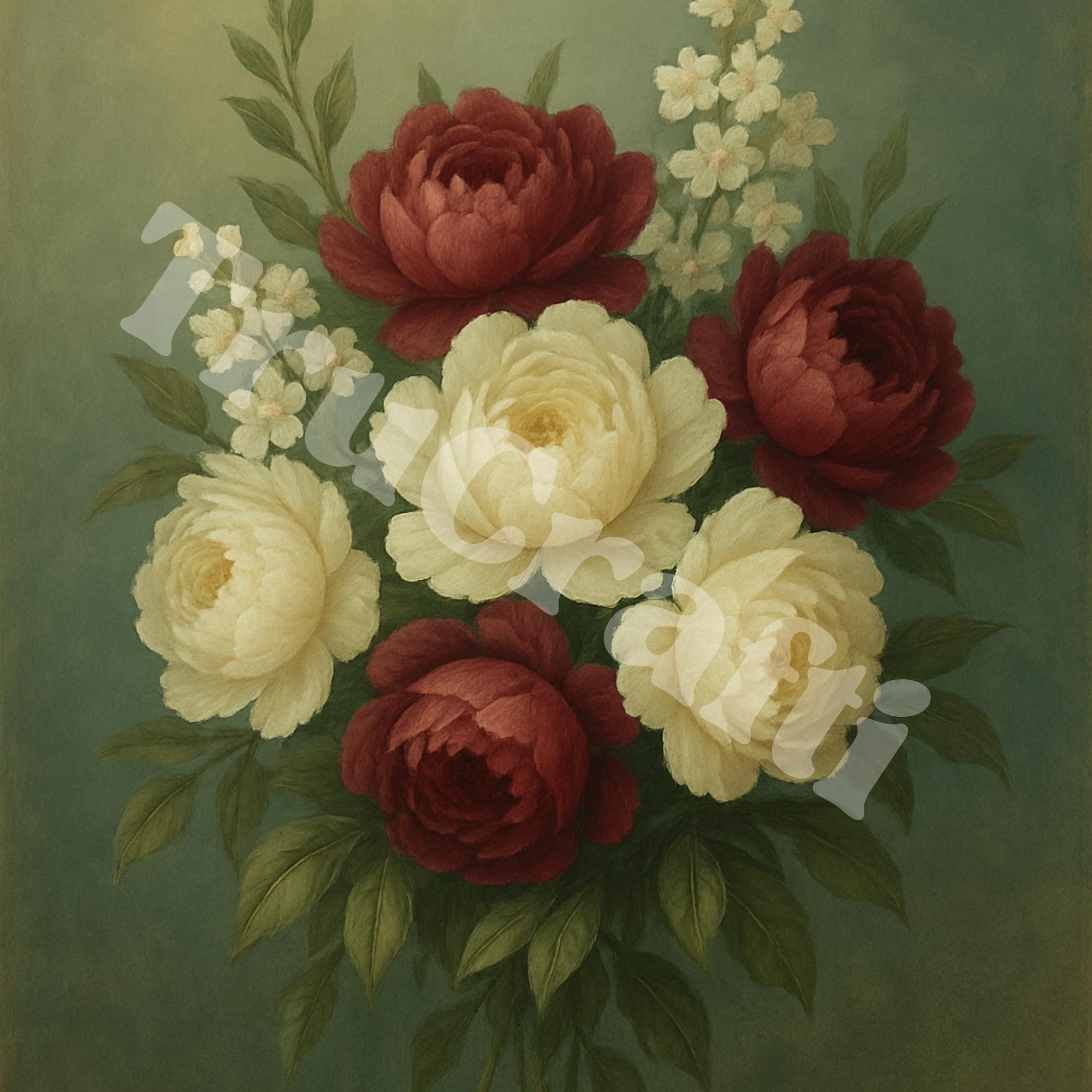 Vintage Peony Bouquet Wall Art Print, Antique Style Floral Oil Painting ...