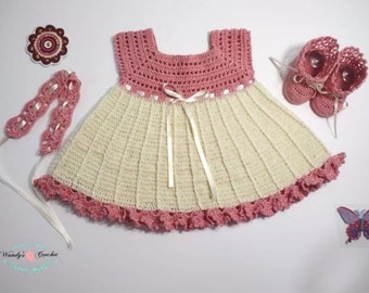 Crochet baby dresses, beige and pink crochet baby dress, crochet baby, infant set, Crochet beige dress