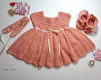 Crochet baby dresses, peach baby dress, peach crochet dress, traje de bebe tejido