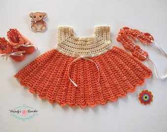 Crochet baby dress, orange and beige baby dress, baby dress, crochet orange dress