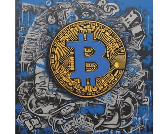 Bitcoin Graffiti Canvas | Crypto Coin Wall Art | Investor Home Office Decor | Cryptocurrency Picture | Royal Blue Digital Currency |