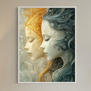 Gemini Twins Abstract Wall Art Canvas Duality and Balance Sunrise and Sunset Sun with Moon Zodiac Sign Symbolism Astrology Horoscope Decor