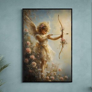 May include: A framed artwork depicts a cherubic figure with wings, aiming a bow and arrow amidst a floral setting. The painting, in soft pastel tones, is set against a teal wall, complemented by a modern gray sectional sofa and a large potted plant.