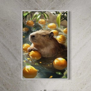 Relaxing Peaceful Capybara in Citrus Bath Whimsical Animal Nature Artwork High Quality Illustration Wall Art Canvas Bathroom Nursery Decor