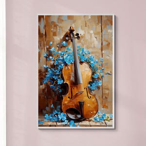 May include: A framed painting of a violin with blue flowers. The violin is brown with a dark fingerboard and is leaning against a wooden background. The flowers are a vibrant blue, adding a pop of color to the artwork.