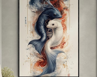 Pair of Koi Fish Yin and Yang Contrast Chinese Calligraphy with Stamp Watercolor Illustration Minimalist Painting Wall Art Canvas Decor