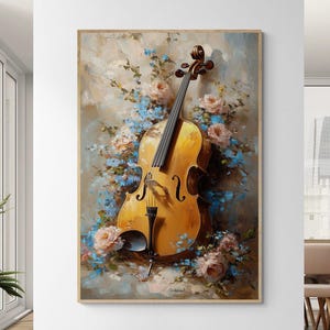 May include: A framed painting of a violin with a warm yellow finish, set against a backdrop of soft blue and pink flowers. The artwork has a vintage aesthetic, with a focus on the instrument's details and the floral arrangement.