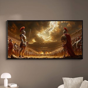 Epic Ancient Roman Gladiator Warrior Battle Scene in the Colosseum Arena Rome Historical Wall Art Canvas Iconic Landmark Travel Poster