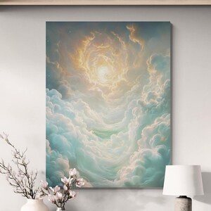 Peut inclure: Une impression d'art mural rectangulaire présentant une orientation verticale de nuages éthérés tourbillonnants dans des tons de bleu doux, de blanc et de jaune doré, avec une source de lumière vive émanant du centre des nuages.