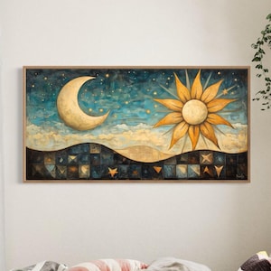 Rustic Sun and Moon Retro Mid Century Modern Celestial Wall Art Canvas Decor Geometric Patterns in Soft Pastel Earthy Tones Whimsical Art