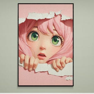Japanese Anime Girl 3D Art Canvas Print Pink Hair and Green Eyes Peeking Through a Hole in the Wall Manga Character Illustration Home Decor
