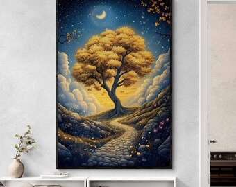 Enchanting Lone Golden Tree Canvas Mystical Night Sky Crescent Moon Scenery Dreamy Landscape Painting Illustration Nature Wall Art Decor