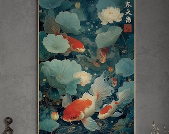 May include: A vertical wall art print featuring vibrant orange and white koi fish swimming among large, pale blue-green lotus leaves and white lotus flowers in dark water. The artwork includes vertical Japanese calligraphy and a small red seal.