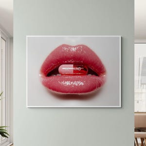 Glossy Pink Lips with Capsule Message Be Kind Canvas Print Modern Pop Art Wall Decor Feminine Bold Statement Hyper Realistic Lip Beauty Art