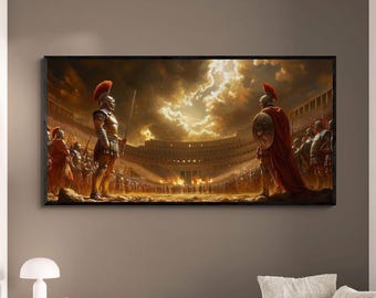 Epic Ancient Roman Gladiator Warrior Battle Scene in the Colosseum Arena Rome Historical Wall Art Canvas Iconic Landmark Travel Poster