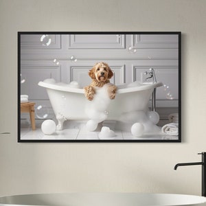 Charming Goldendoodle Dog in A Vintage Bathtub Taking Bubble Bath Wall Art Canvas Restroom Bathroom Home Decor Gift Funny Humor Pet Artwork
