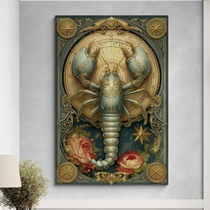 Vintage Scorpio Zodiac Sign Canvas Print Scorpion Illustration Wall Art Horoscope Astrology Painting Floral Design Celestial Baroque Decor