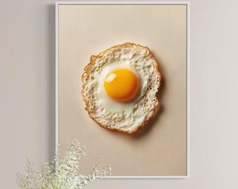 May include: A close-up of a fried egg with a bright yellow yolk, set against a light beige background.