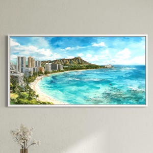 Hawaii Waikiki Beach Canvas Print Honolulu Coastal Landscape Painting Ocean View Wall Art Tropical Paradise Scenery Decor Travel Poster