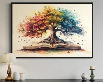 May include: A rectangular wall art print in a black frame featuring a watercolor illustration of a large tree growing out of an open book. The tree has a vibrant canopy with leaves transitioning from red and orange to yellow, green, and blue.