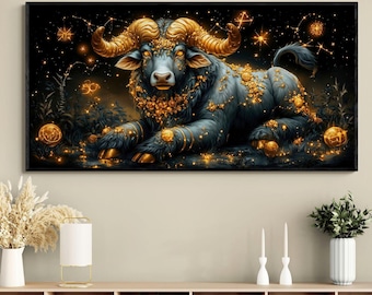 Majestic Taurus Bull Cow Zodiac Sign Horoscope Astrology Wall Art Canvas Illustration Decor Enchanted Night Scenery with Gold Accents