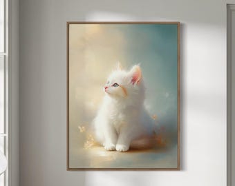 Adorable chaton blanc peinture à l'huile mignon chat duveteux animal art mural toile Kitty Portrait Illustration cadeau pour les propriétaires d'animaux de compagnie décoration de chambre d'enfant