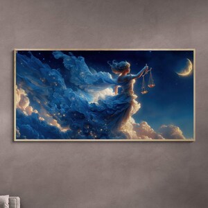 Libra Zodiac Sign Wall Art Canvas Print Celestial Goddess with Balancing Scales Under the Crescent Moon and Stars Astrology Horoscope Decor
