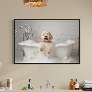 Charming Goldendoodle Dog in A Vintage Bathtub Taking Bubble Bath Wall Art Canvas Restroom Bathroom Home Decor Gift Funny Humor Pet Artwork