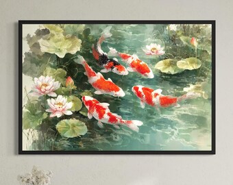 May include: A rectangular wall art print in a black frame depicting a pond scene with several orange and white koi fish swimming among green lily pads and light pink lotus flowers, rendered in a soft, painterly watercolor style.