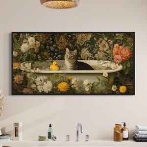 Vintage Tabby Cat and Rubber Duck in a Bathtub with Flower Blossoms Canvas Floral Animal Wall Art Painting Funny Bathroom Humor Decor