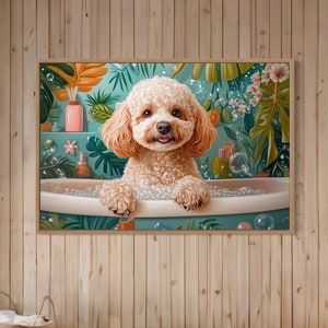 Whimsical Cream Beige Poodle Dog in Tropical Bathtub Takng a Shower Vibrant Bathroom Animal Puppy Wall Art Canvas Humor Funny Decor