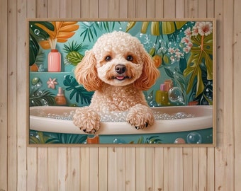 May include: A framed wall art print featuring a light brown curly-haired dog sitting in a white bathtub filled with bubbles. The background of the artwork displays a vibrant tropical scene with green palm leaves, pink flowers, and orange accents.